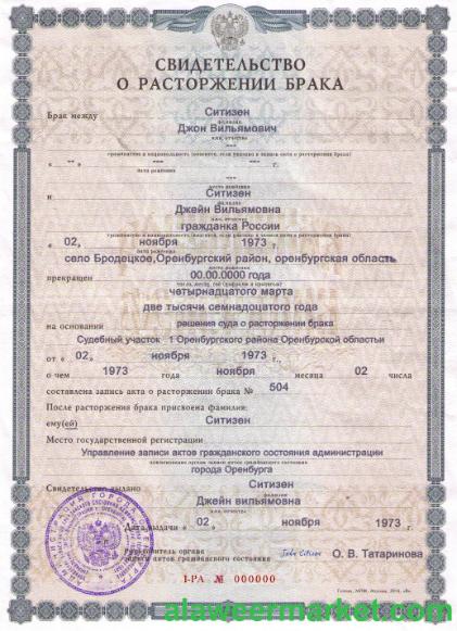 Russia (Orenburg) divorce certificate